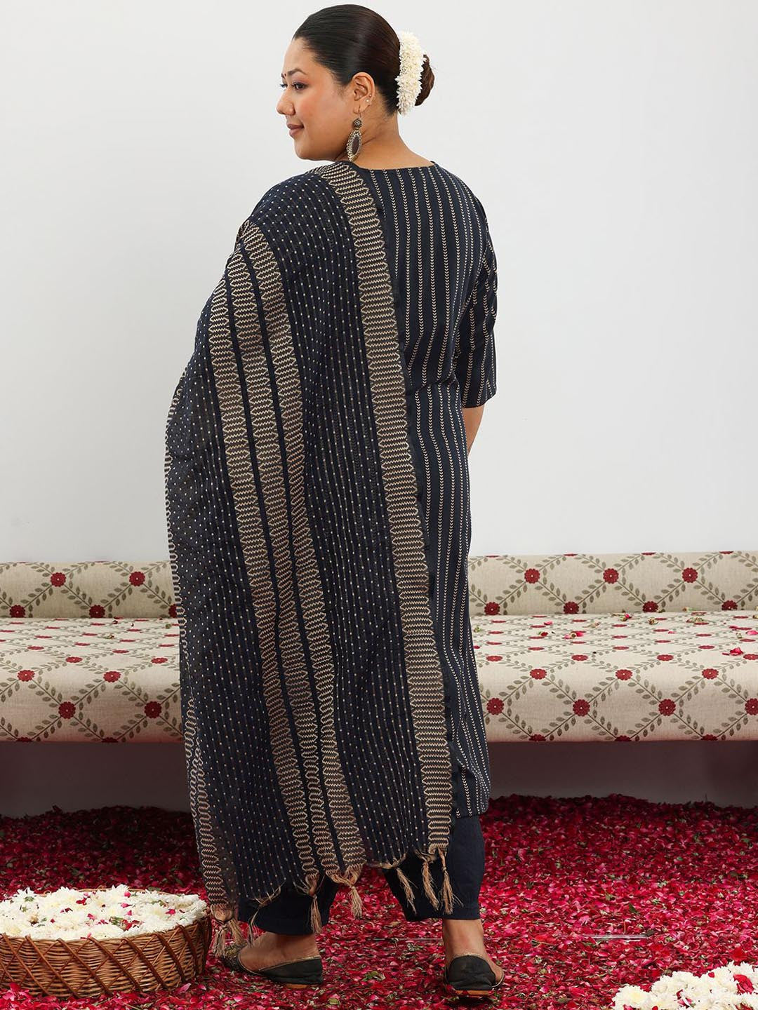 Plus Size Geometric Printed V-Neck Kurta & Salwar With Dupatta