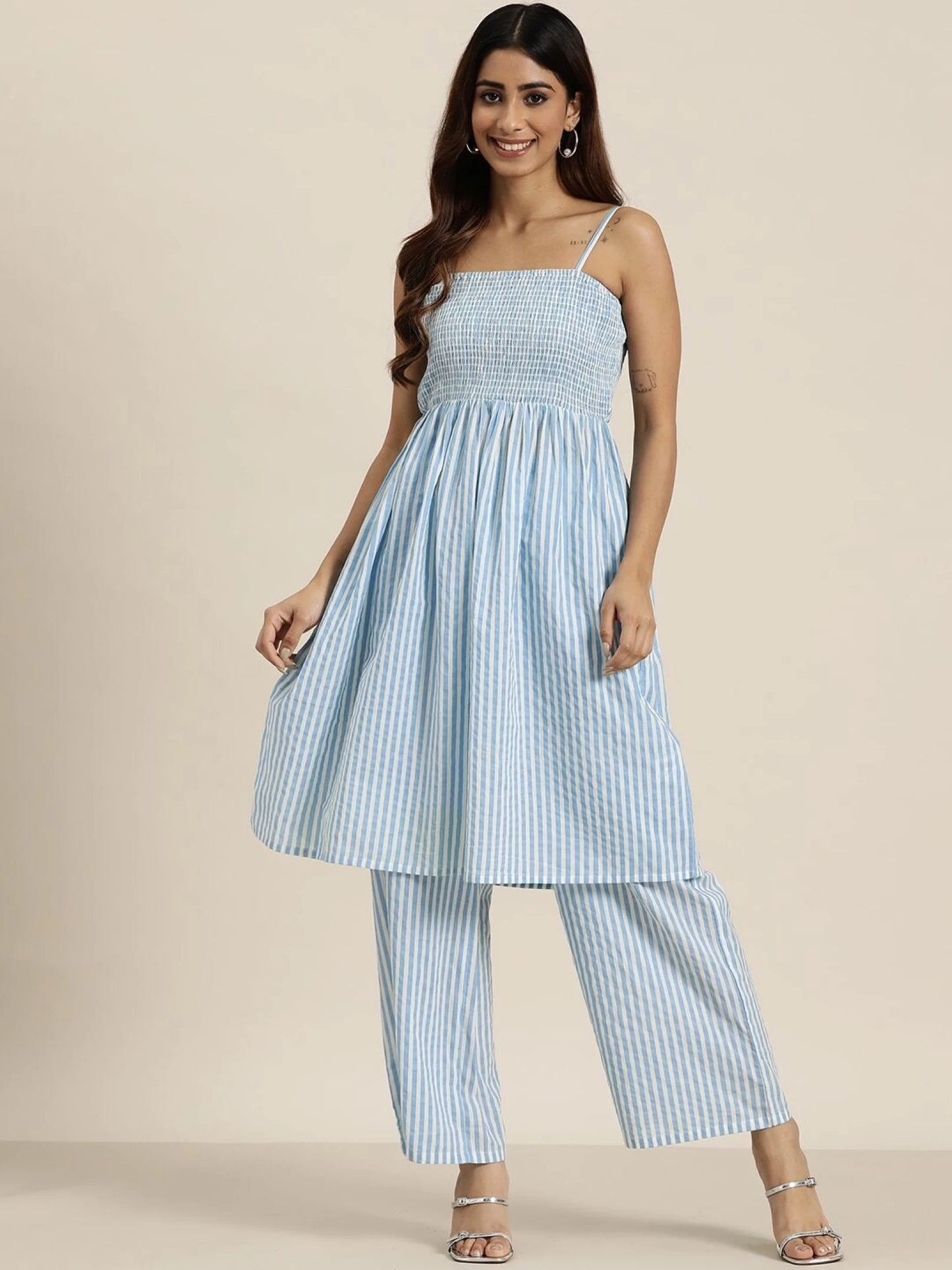 Women Light Blue Pure Cotton Kurta Pyjama Set