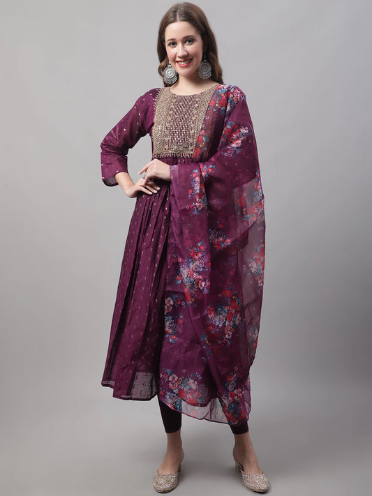 Women Purple Silk Blend Kurti Pant Set