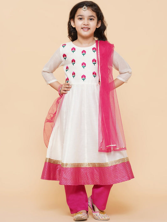 Girls White Floral Embroidered Anarkali Kurta with Trousers & With Dupatta