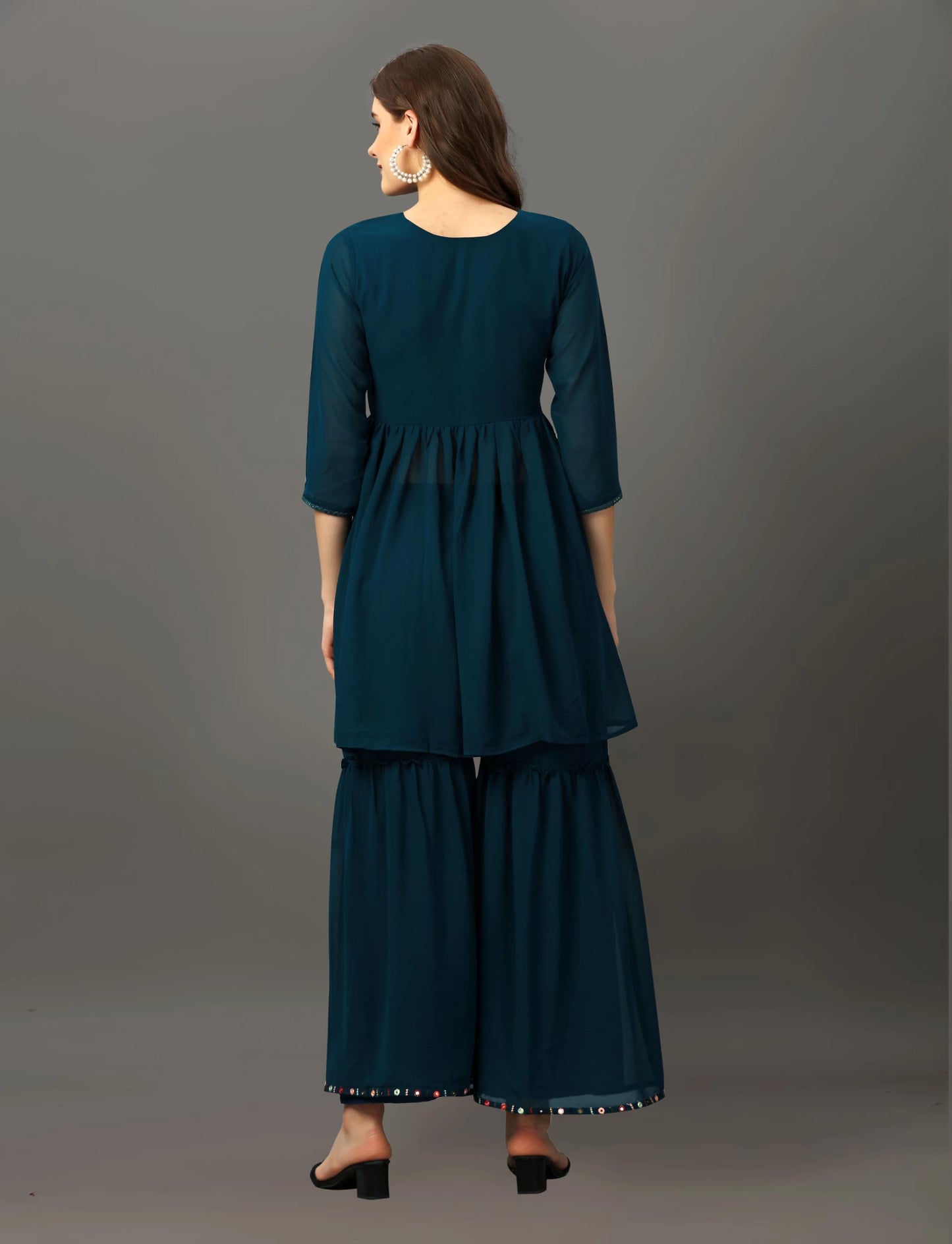 Women Teal Georgette Kurta Sharara Set