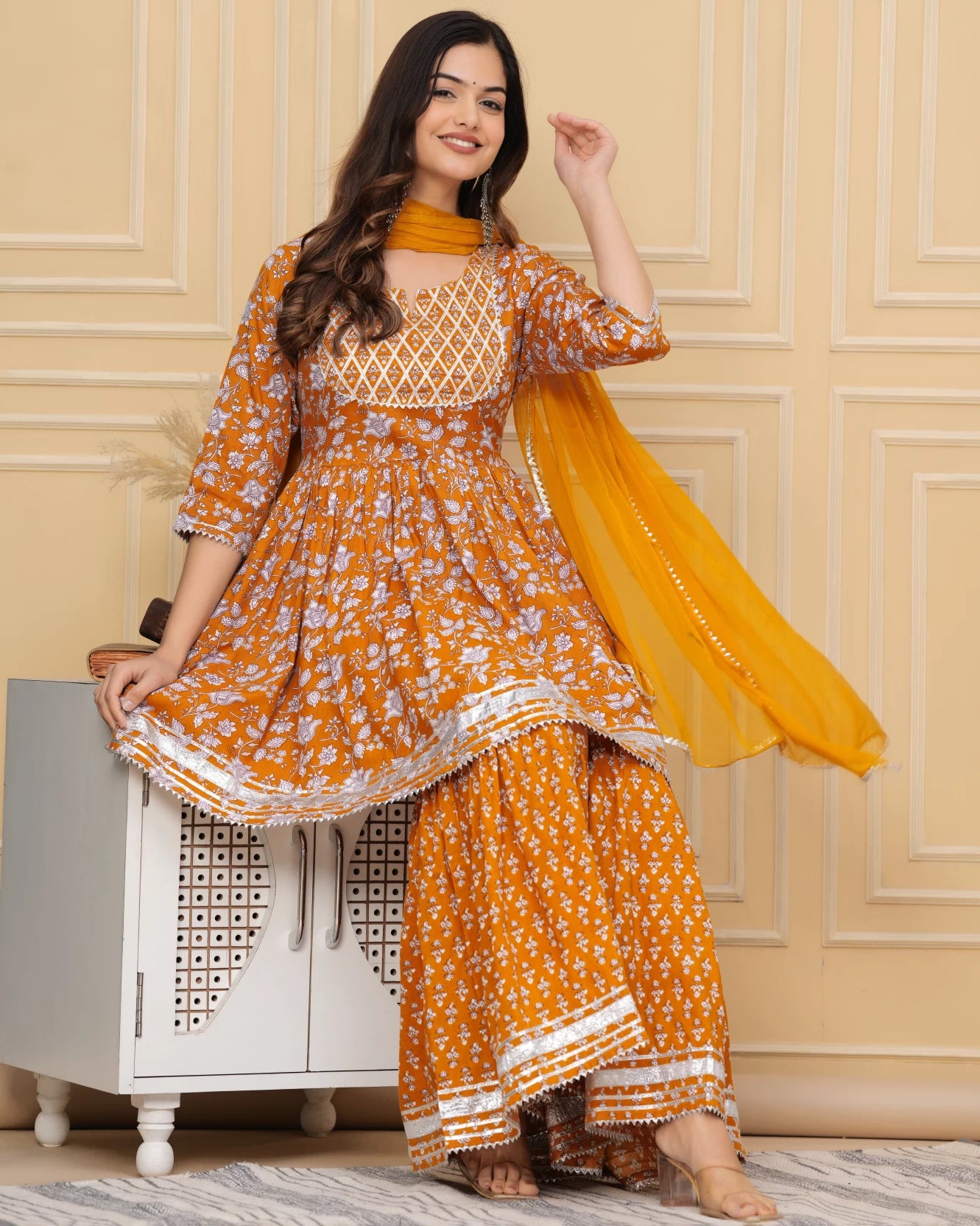 Women Mustard-Orange Cotton Rayon Kurta Sharara Dupatta Set