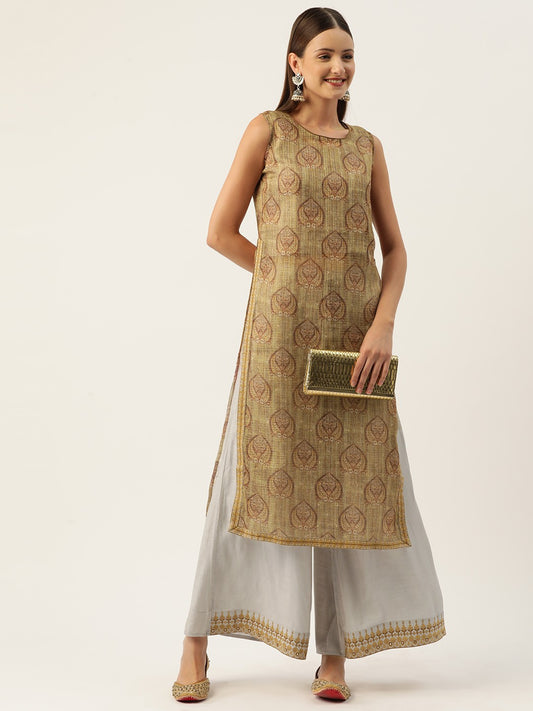 Ethnic Motifs Printed Regular Chanderi Cotton Kurta with Palazzos
