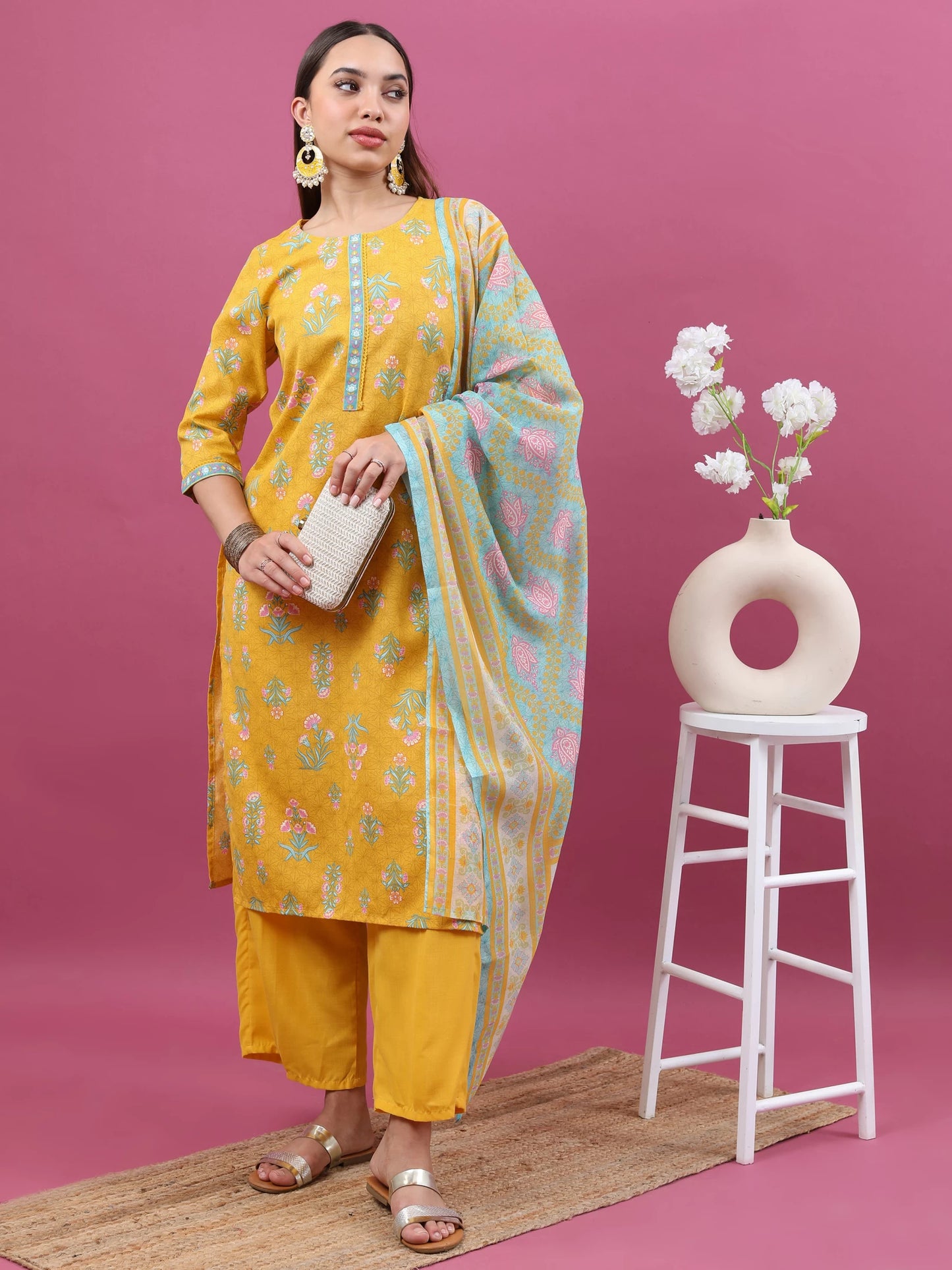 Women Cotton Blend Kurta Palazzo Dupatta Set