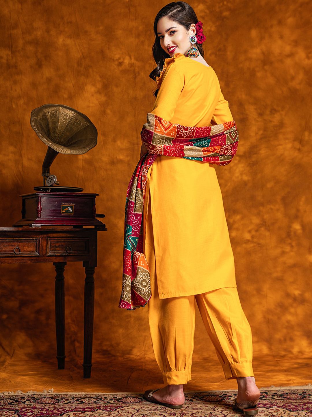 Floral Embroidered Mirror Work Pure Cotton Kurta With Patiala & With