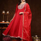 Red & Gold Toned Ethnic Motifs Embroidered Anarkali Kurta & Trousers With Dupatta