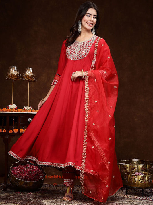 Red & Gold Toned Ethnic Motifs Embroidered Anarkali Kurta & Trousers With Dupatta