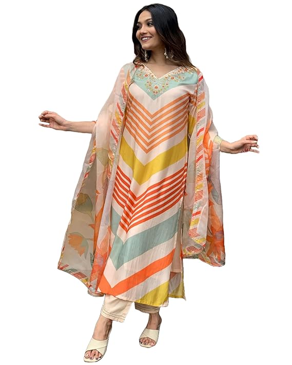 Women's Cotton Blend Straight Printed Kurta with Pant & Dupatta