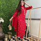 Women Red Cotton Rayon Kurta Pant Dupatta Set