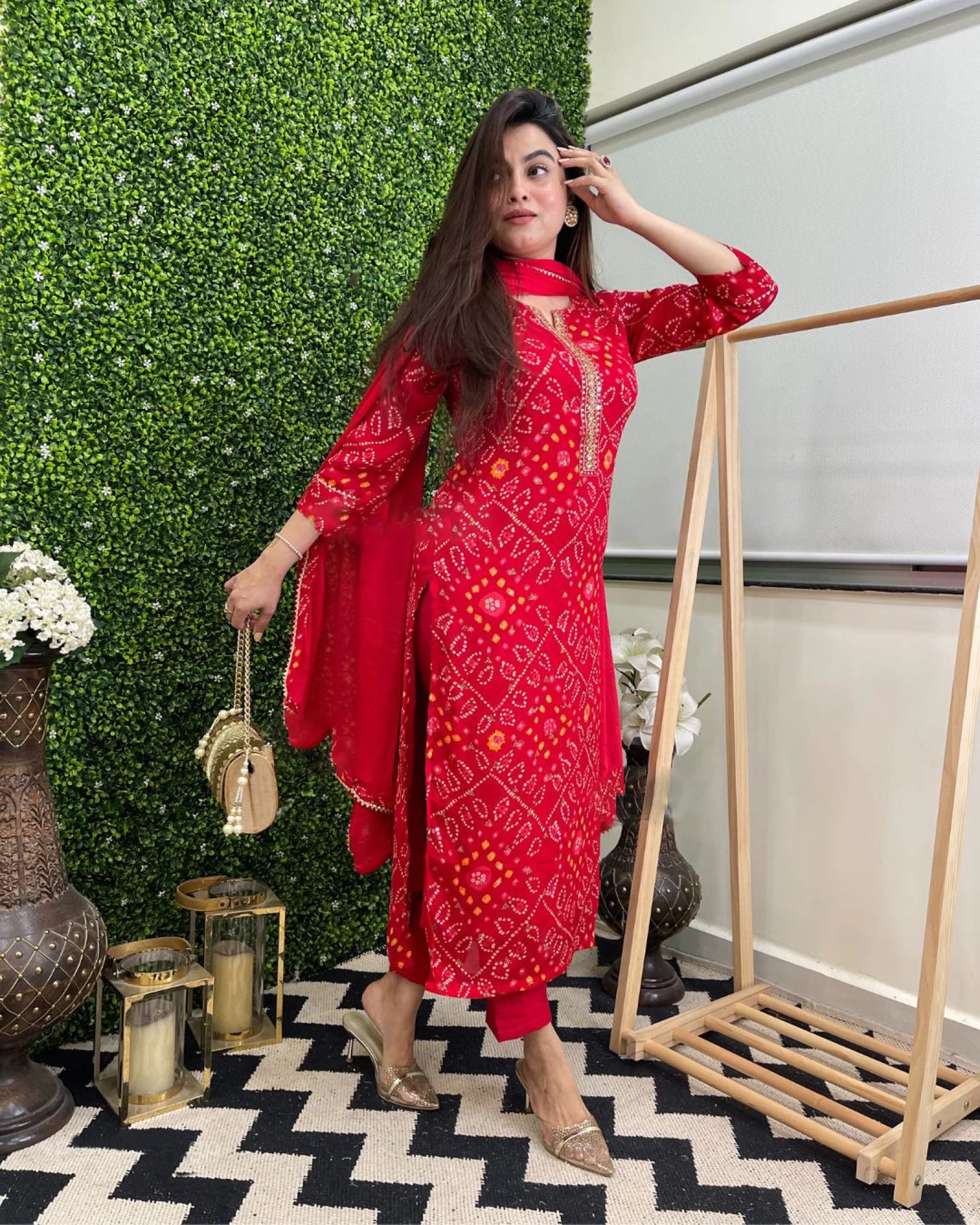 Women Red Cotton Rayon Kurta Pant Dupatta Set