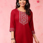 Red Embroidered Yoke Design Straight Kurti