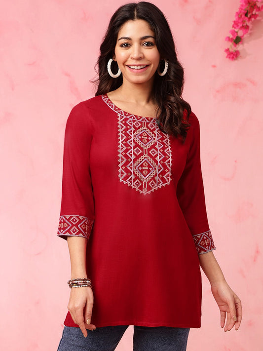 Red Embroidered Yoke Design Straight Kurti