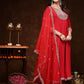 Red & Gold Toned Ethnic Motifs Embroidered Anarkali Kurta & Trousers With Dupatta