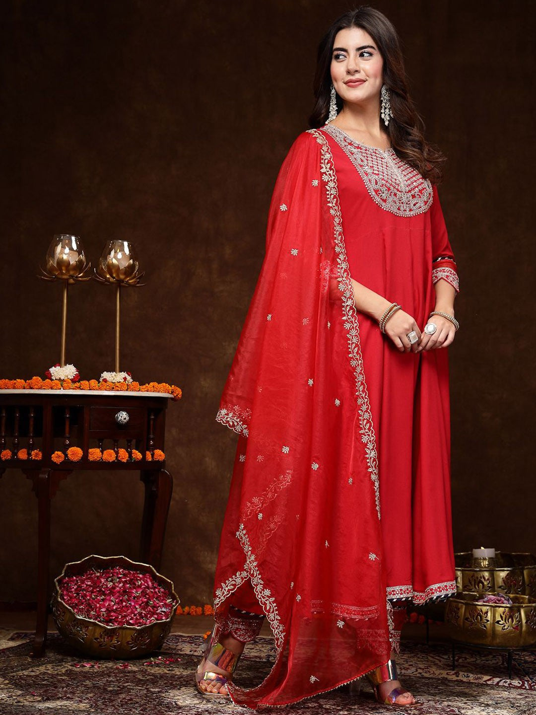 Red & Gold Toned Ethnic Motifs Embroidered Anarkali Kurta & Trousers With Dupatta