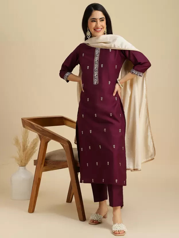 Women Wine Silk Blend Kurta Pant Dupatta Set