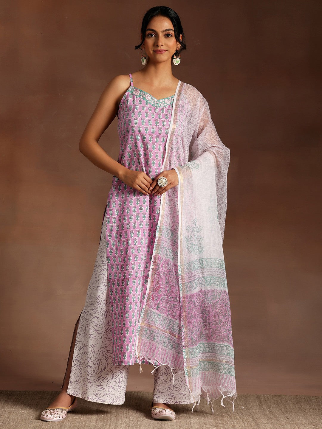 Floral Printed Shoulder Straps Pure Cotton Kurta With Palazzos & Dupatta