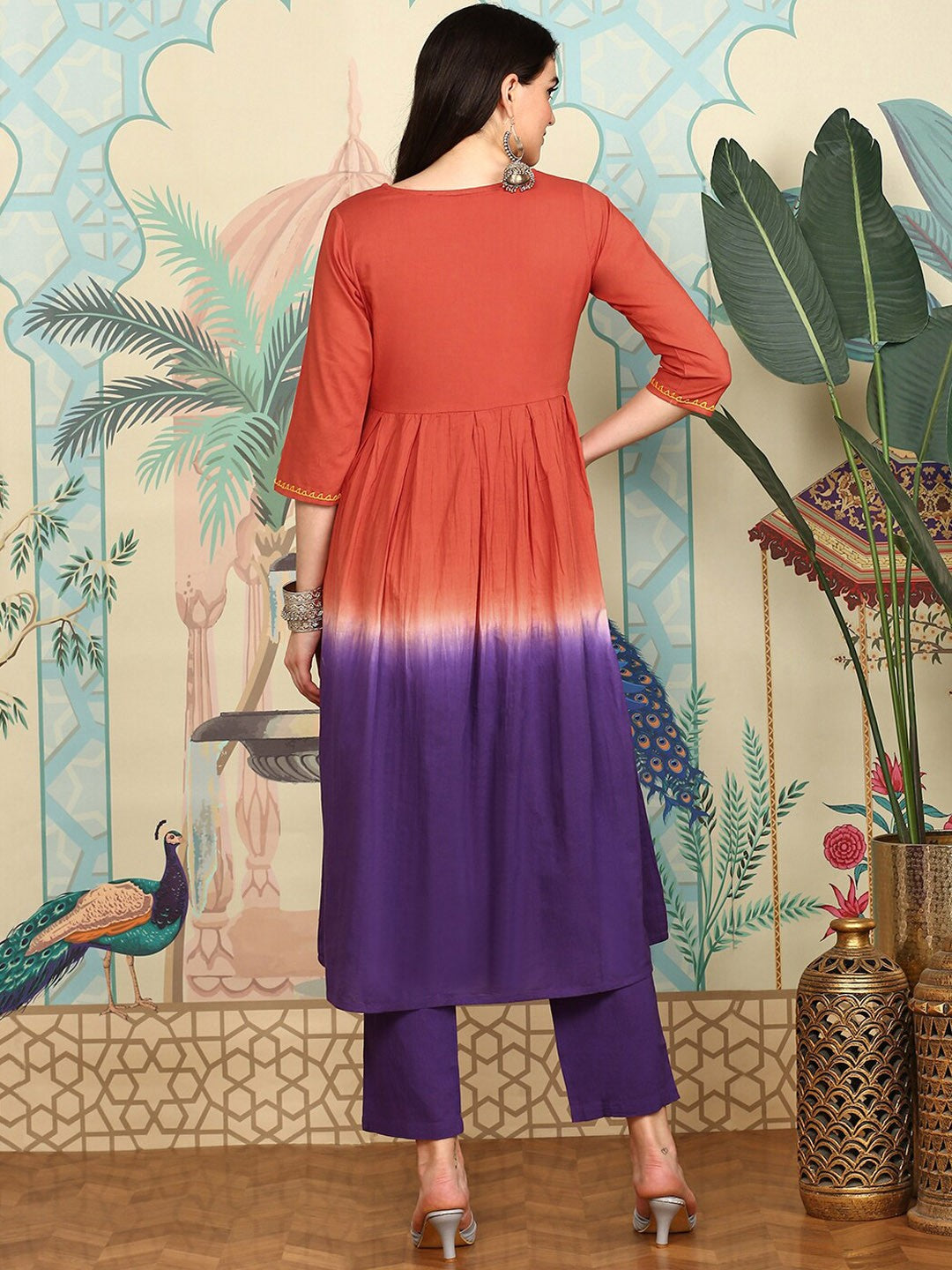 Rust Ombre Dyed V-Neck Pure Cotton Anarkali Kurta With Trousers