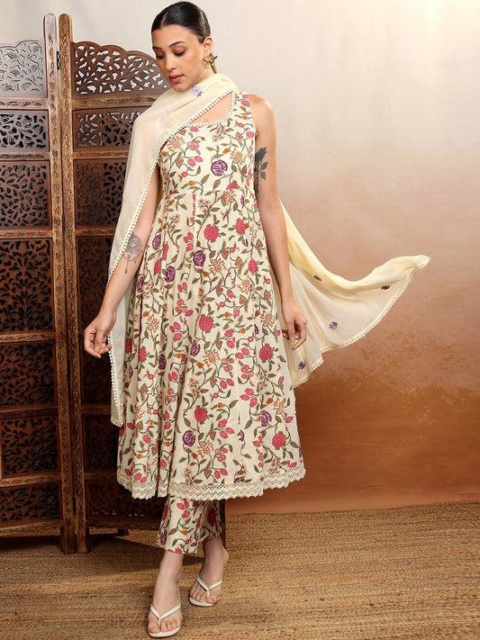 Off White Printed Gotta Patti Pure Cotton Anarkali Kurta With Trousers & Dupatta