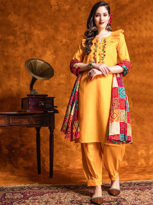 Floral Embroidered Mirror Work Pure Cotton Kurta With Patiala & With