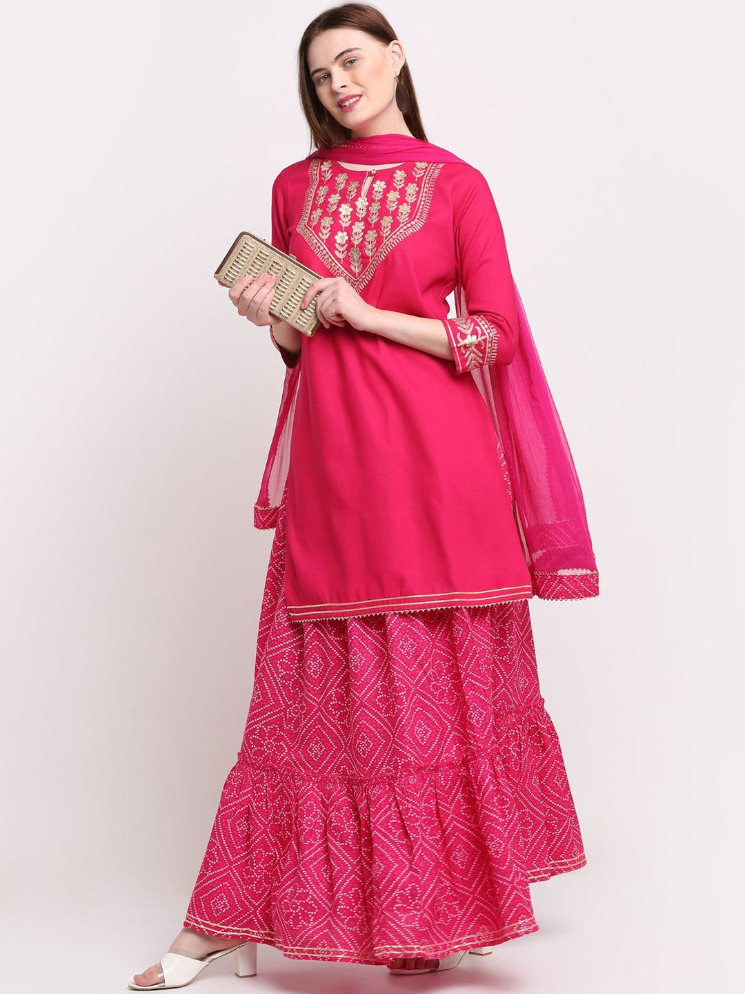 Women Ethnic Motifs Yoke Design Regular Gotta Patti Kurta with Sharara & With Dupatta