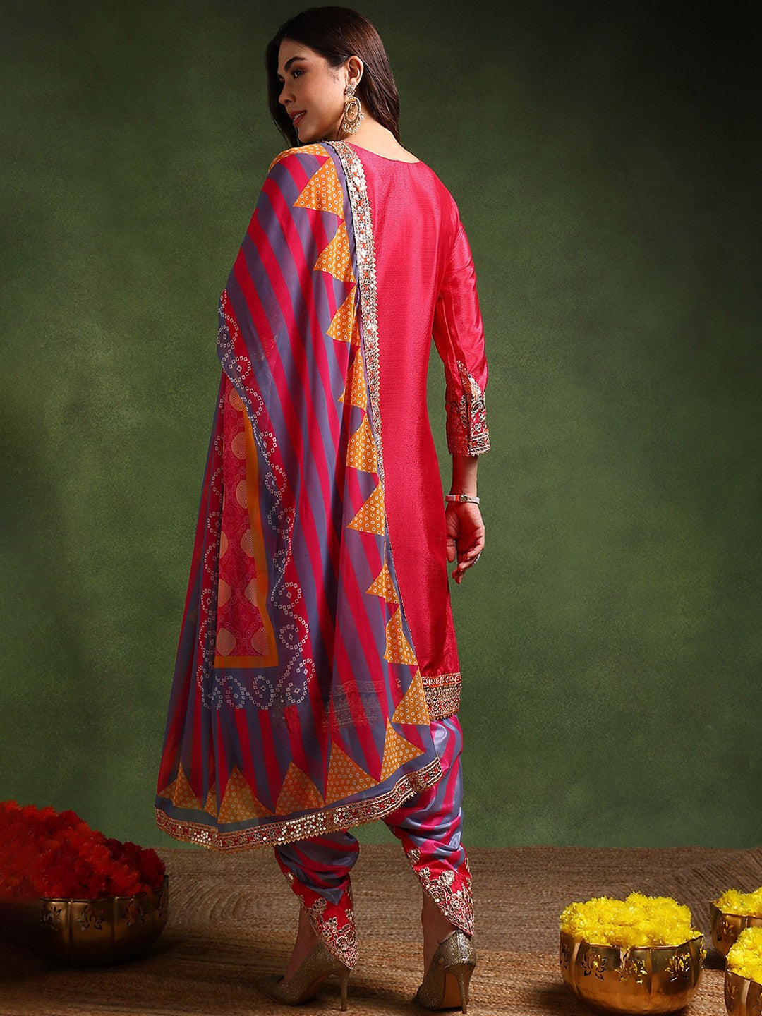 Ethnic Motifs Embroidered Sequinned Silk Chiffon Kurta Set