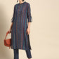 Women Navy Blue Printed Pure Cotton Kurta with Trousers