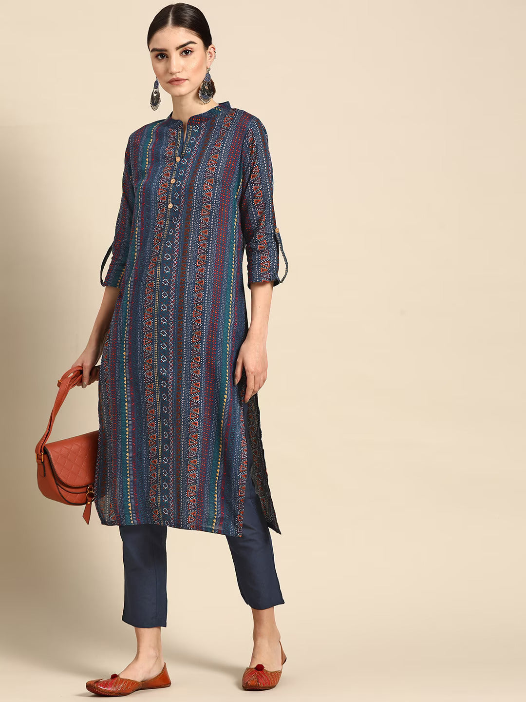 Women Navy Blue Printed Pure Cotton Kurta with Trousers