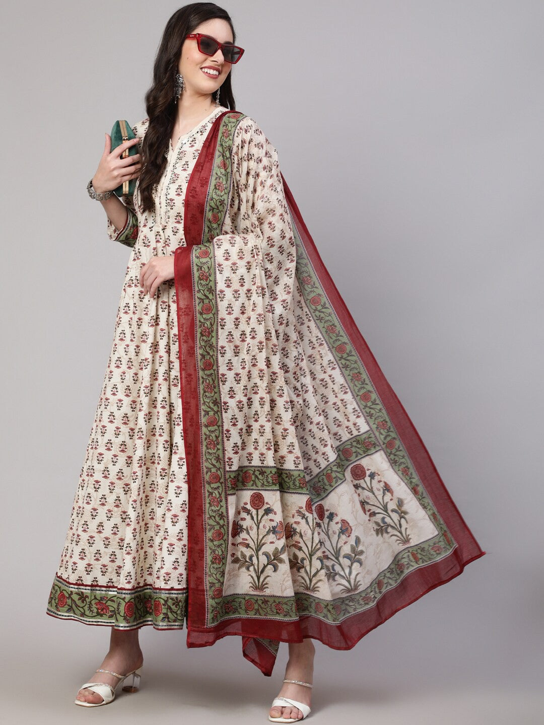 Ethnic Motifs Printed Pure Cotton Mirror Work A-line Kurta & Trousers With Dupatta