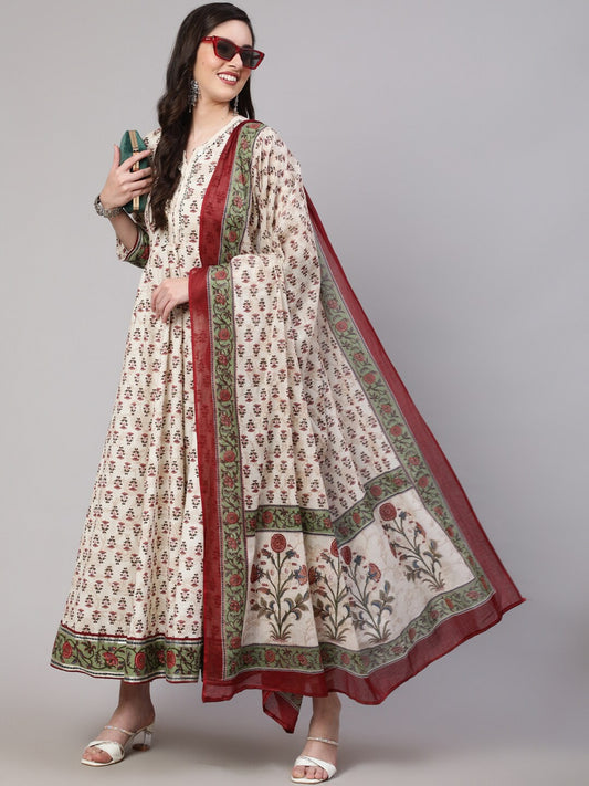 Ethnic Motifs Printed Pure Cotton Mirror Work A-line Kurta & Trousers With Dupatta