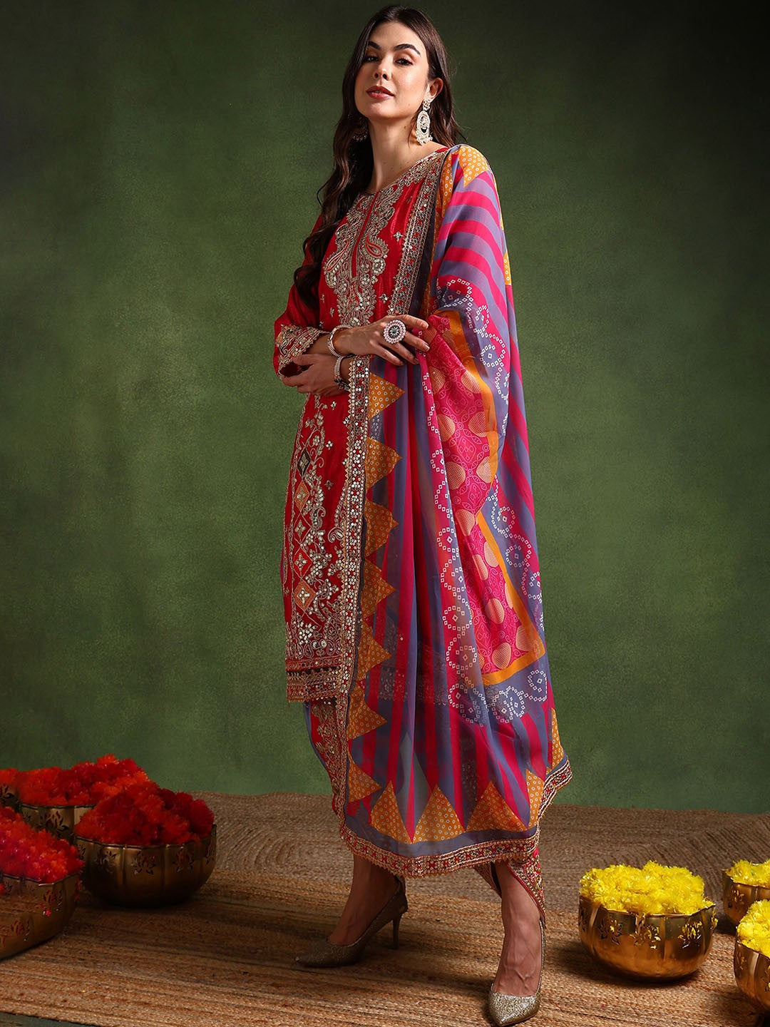 Ethnic Motifs Embroidered Sequinned Silk Chiffon Kurta Set