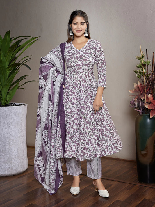 Women Purple Cotton Blend Kurta Pant Dupatta Set