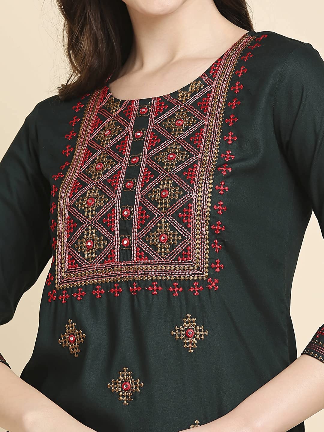 Women's Green & Beige Embroidered Straight Kurta with Palazzo