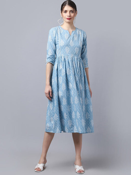 Floral Print Gathered Fit & Flare Pure Cotton Dress