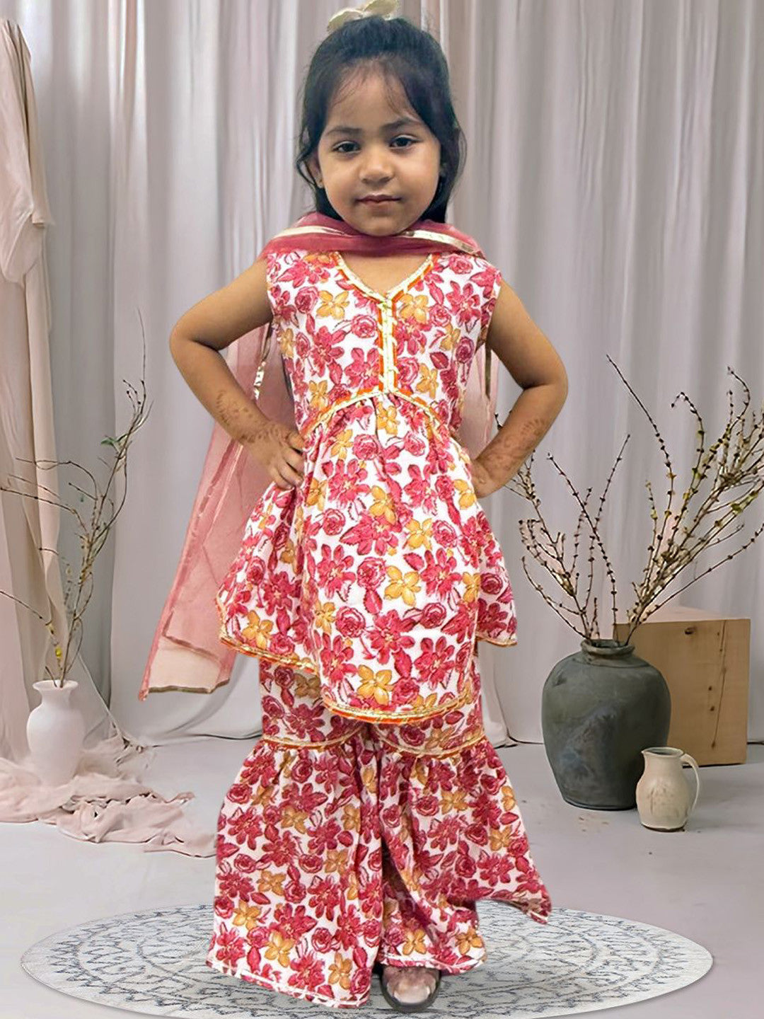 Girls Floral Printed Regular Gotta Patti A-Line Kurta with Sharara & Dupatta