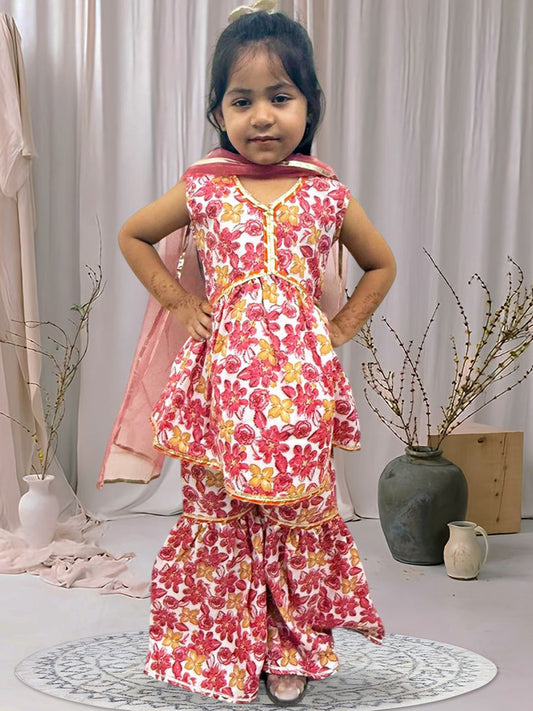 Girls Floral Printed Regular Gotta Patti A-Line Kurta with Sharara & Dupatta
