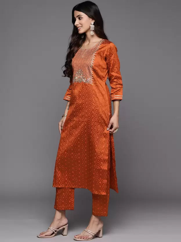 Women Orange Art Silk Kurta Pant Dupatta Set