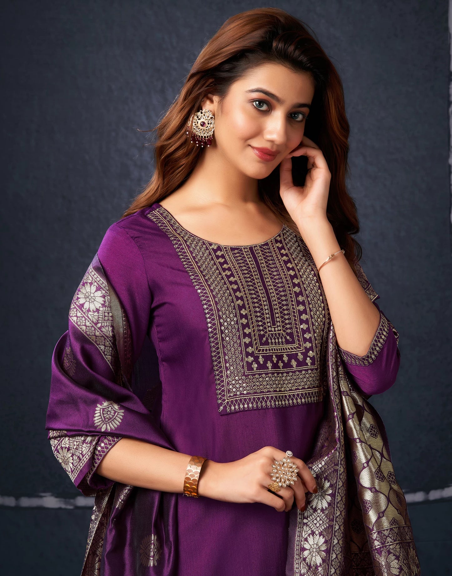 Women Purple Cotton Blend Kurta Pant Dupatta Set