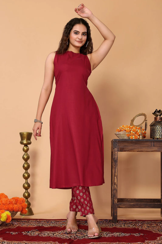 Women Red Viscose Rayon Kurta Pant Set