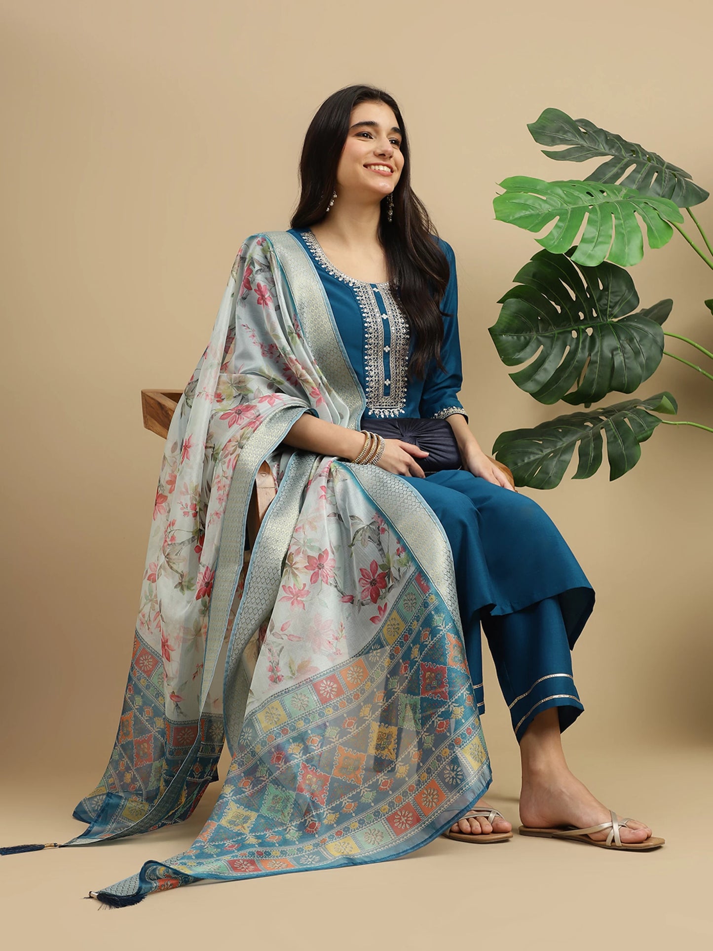 Women Blue Silk Blend Kurta Pant Dupatta Set