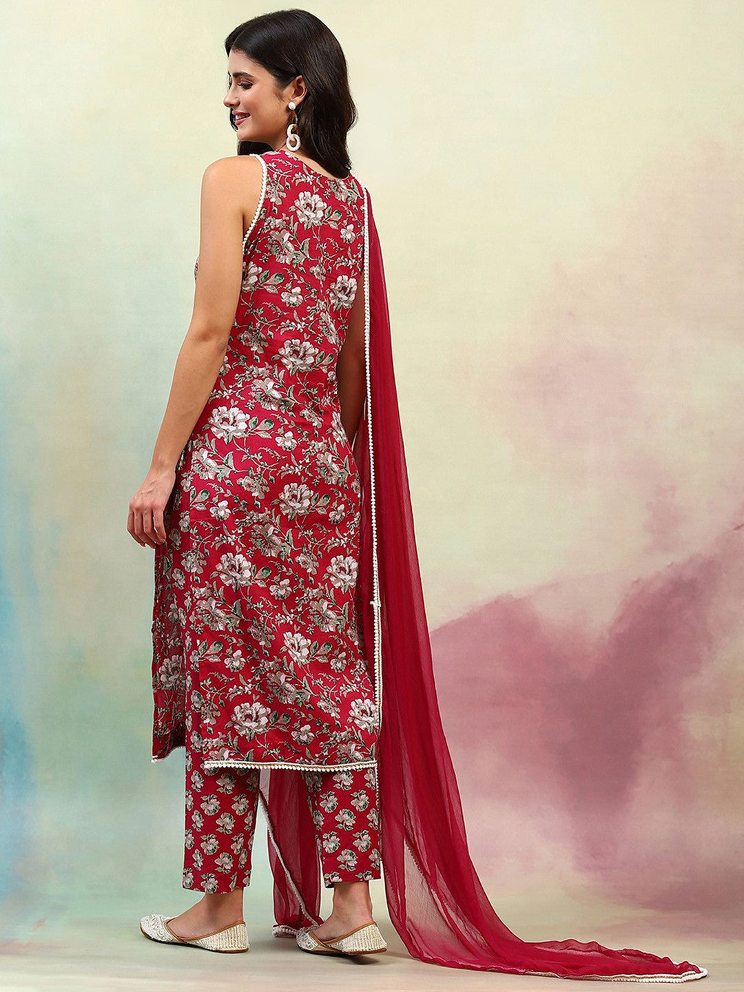 Floral Printed Regular Pure Cotton Straight Kurta with Palazzos & Dupatta