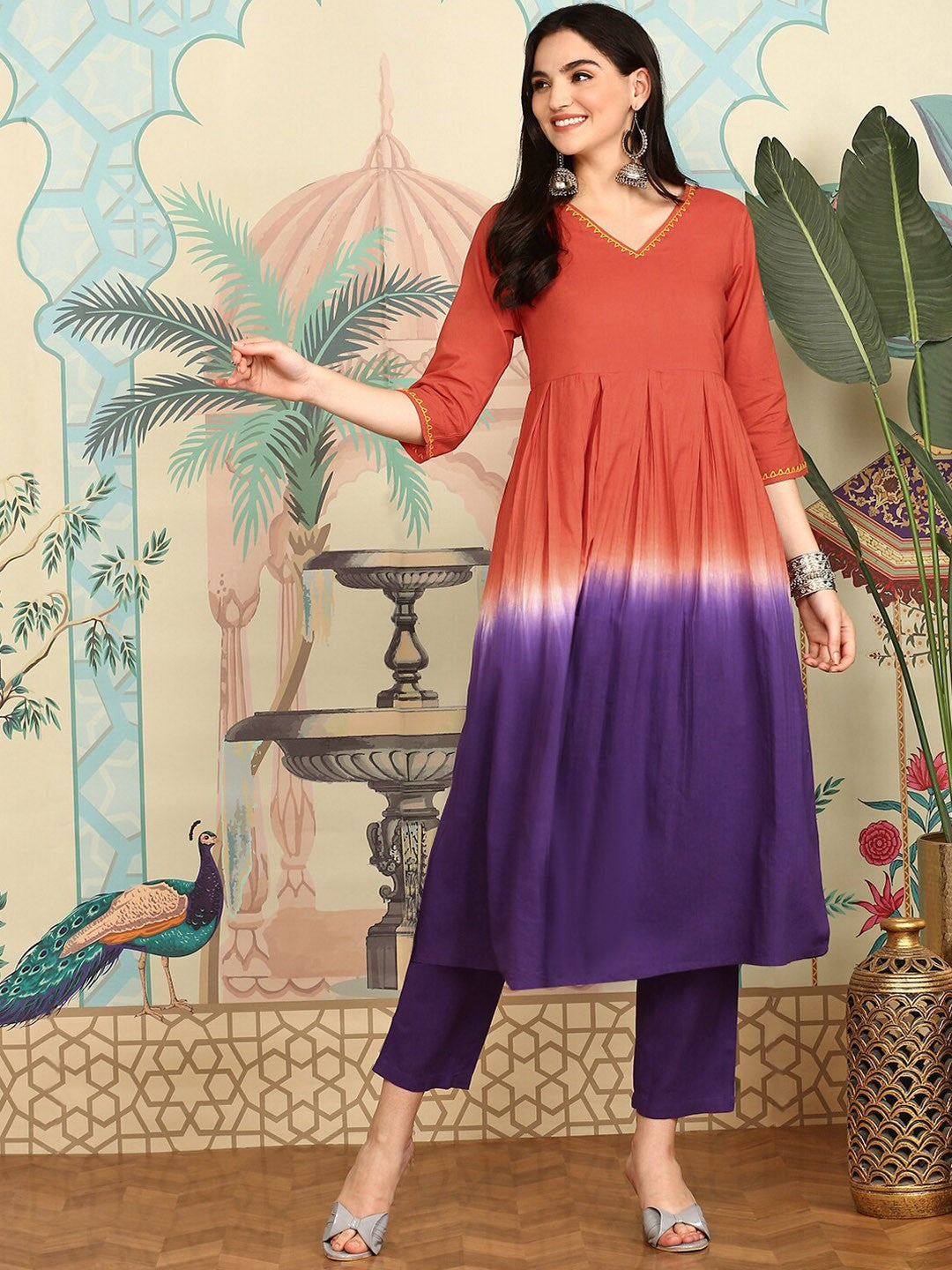 Rust Ombre Dyed V-Neck Pure Cotton Anarkali Kurta With Trousers