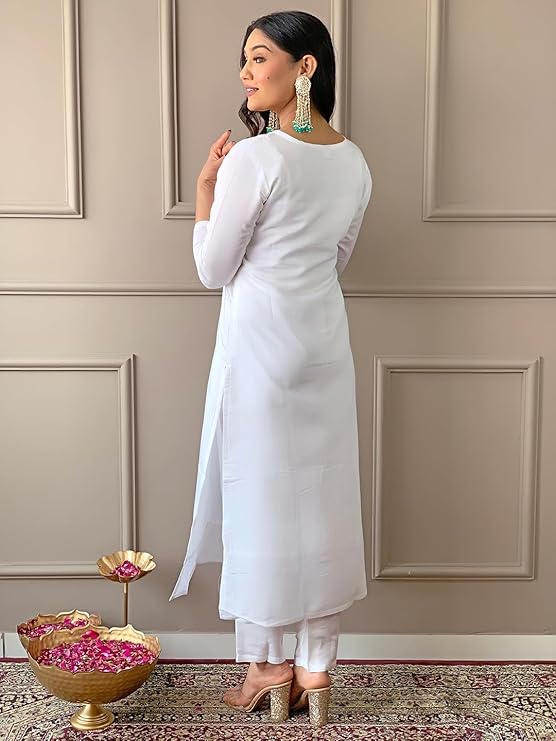 Women's Offwhite Rayon Blend Embroidered A-line Kurta with Rayon Blend Pant and Organza Printed Dupatta Sets