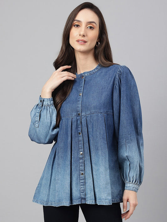 Women's Blue Denim Faded Flared Top