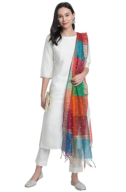 Women Silk Blend Kurta Pant Dupatta Set with colorful Dupatta