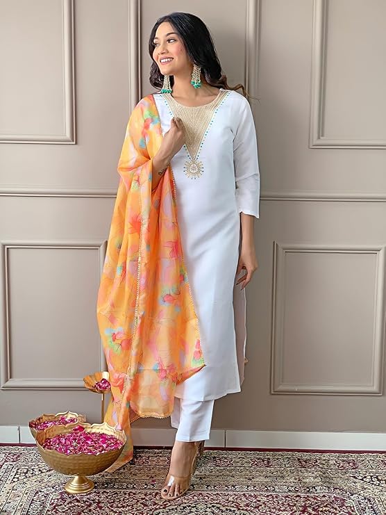 Women's Offwhite Rayon Blend Embroidered A-line Kurta with Rayon Blend Pant and Organza Printed Dupatta Sets