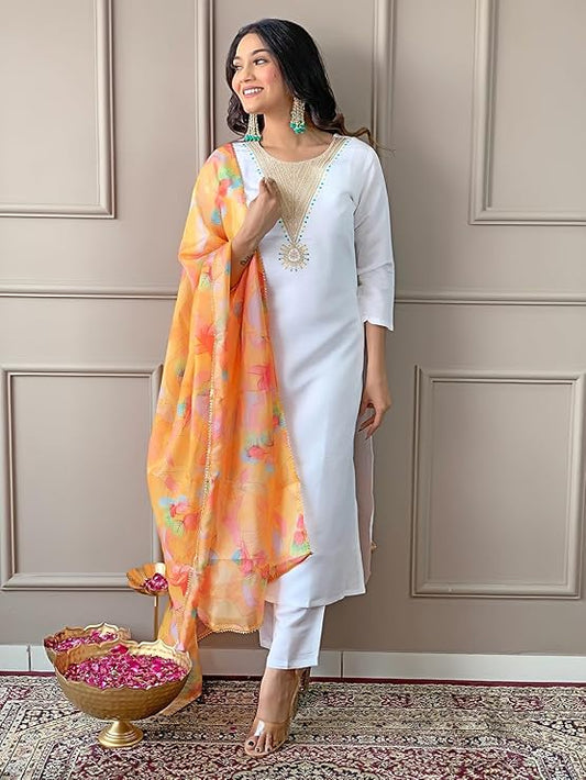 Women's Offwhite Rayon Blend Embroidered A-line Kurta with Rayon Blend Pant and Organza Printed Dupatta Sets