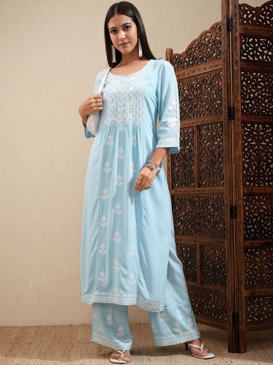 Blue Floral Embroidered Round Neck Thread Work Kurta With Palazzos