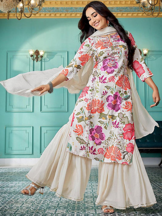 Floral Printed Thread Work Kurta with Sharara & Dupatta