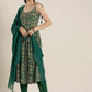 Women Green Floral Print Pleated Kurta with Trousers & Dupatta