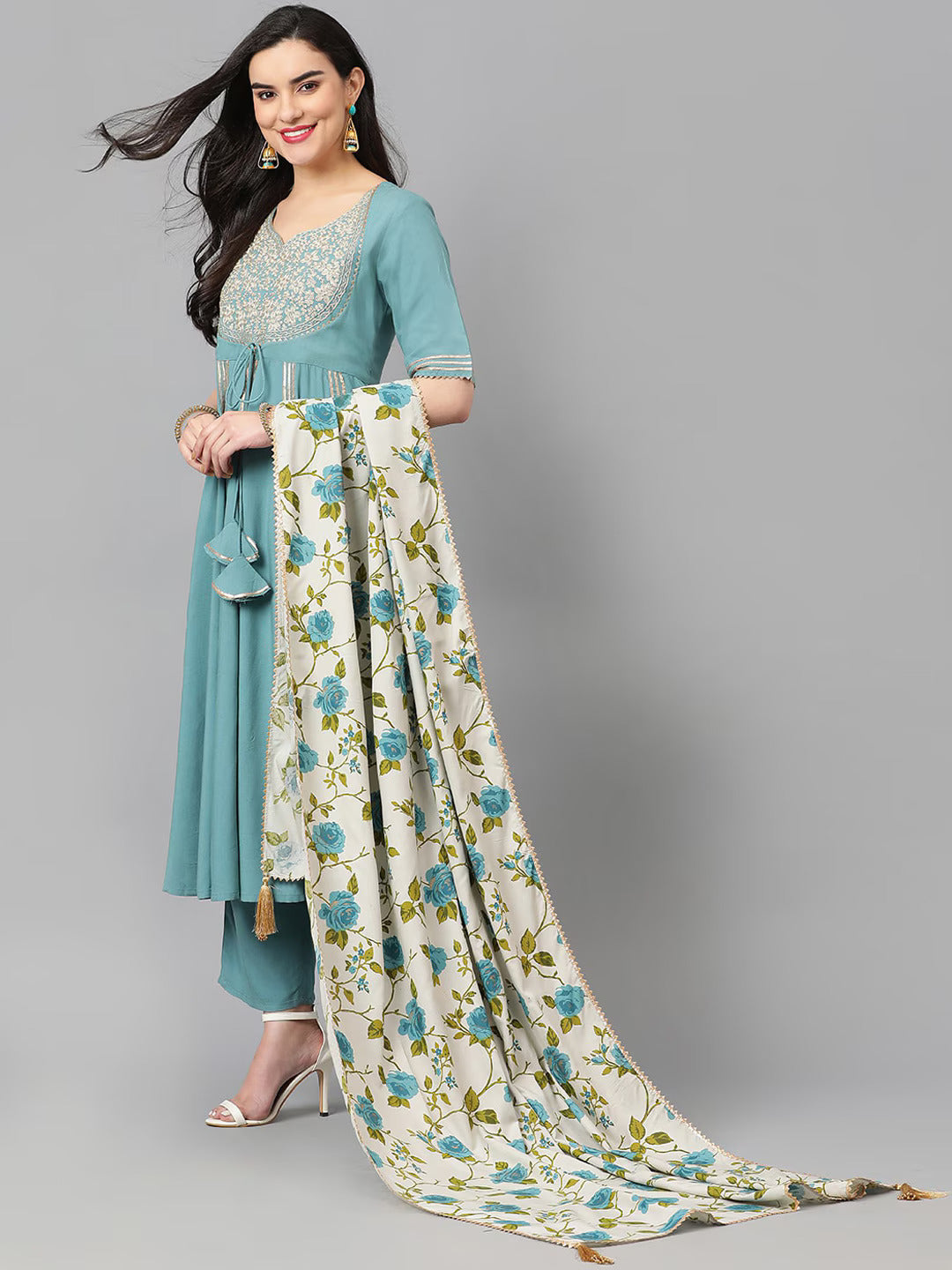 Women Floral Embroidered Regular Thread Work Kurta with Trousers & With Dupatta